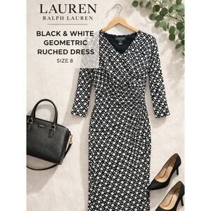 Lauren Ralph Lauren Black White Geometric Ruched Dress 3/4 Sleeve Size 8